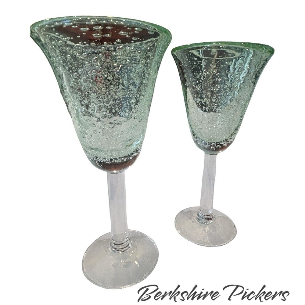 Pale Green Hand Blown Wine Glass Goblet Bubbles Clear Stem for set of 2 - Picture 3 of 10